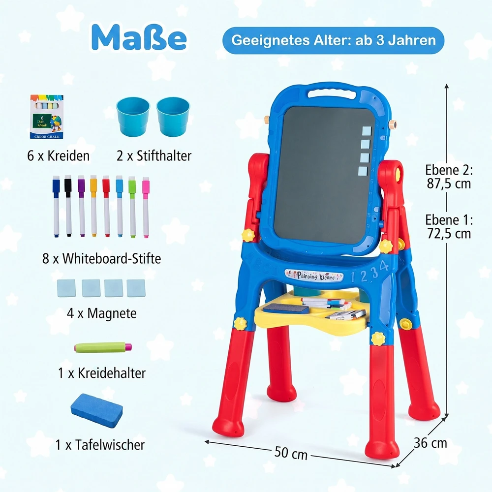 Vaikiškas piešimo stovas 4 viename, reguliuojamo aukščio, mėlynas, 50,8 × 35,6 × 72,4/87,6 cm