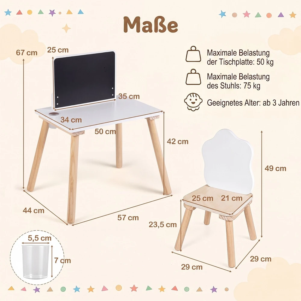 Vaikiškas stalo ir kėdės komplektas su kreidine lenta, baltos ir natūralios medienos spalvos, 57,2 × 44,5 × 67,3 cm, 2 vnt.