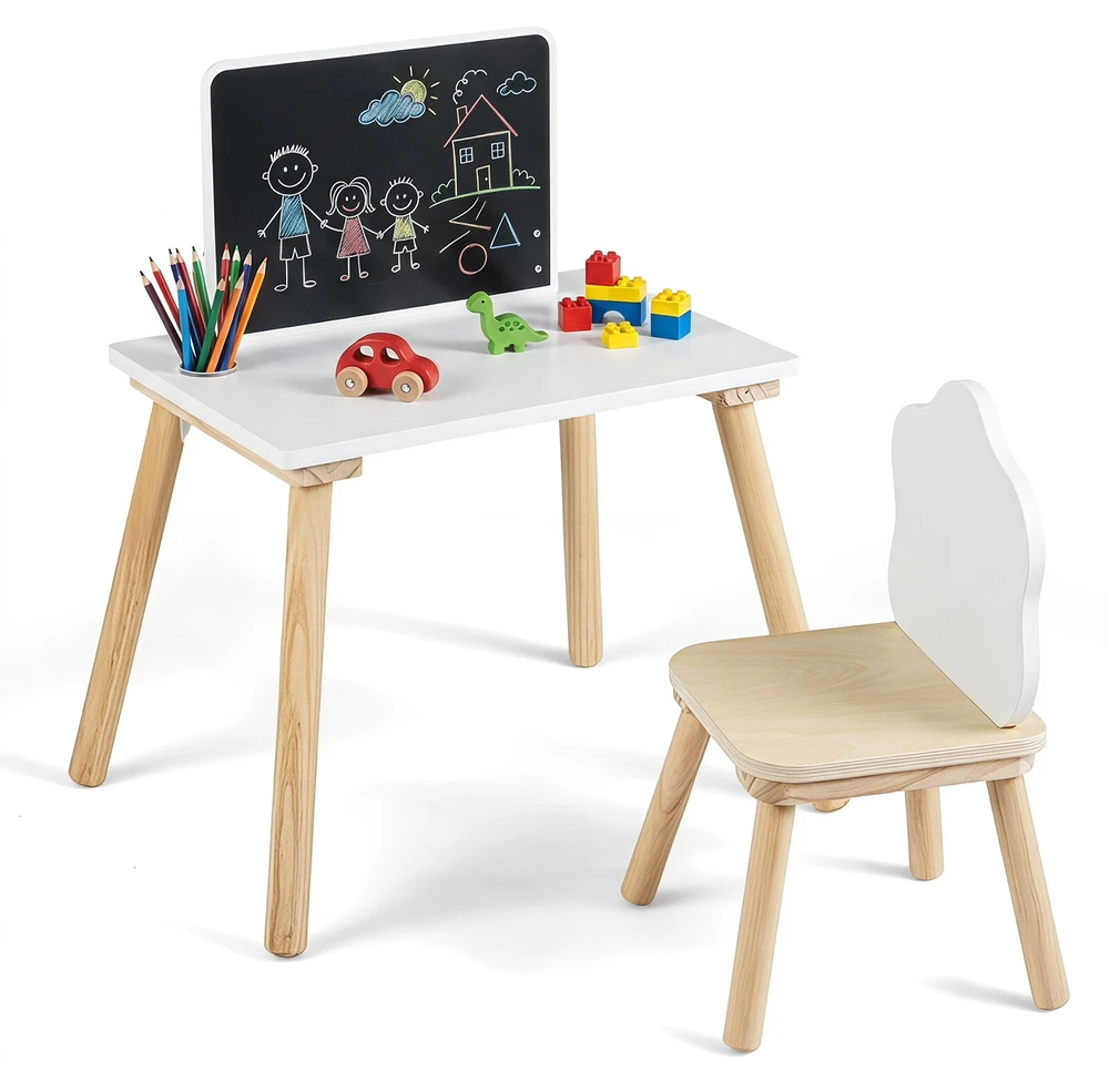 Vaikiškas stalo ir kėdės komplektas su kreidine lenta, baltos ir natūralios medienos spalvos, 57,2 × 44,5 × 67,3 cm, 2 vnt.