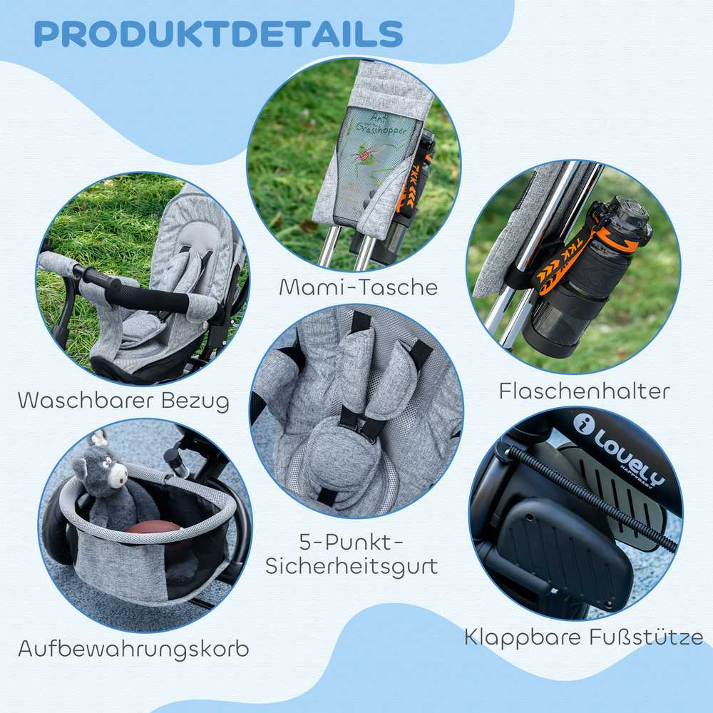 HOMCOM 6-in-1 triratis su stumiamąja rankena, vaikiškas triratis su nuimamu stogeliu nuo saulės, pagalvėle, stumdukas su 5 taškų saugos diržais, krepšeliu, puodelių laikikliu, skirtas 1-5 metų vaikams, pilkas