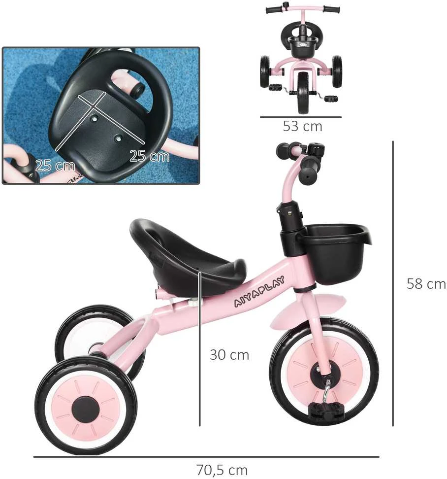 AIYAPLAY triratis, vaikiškas dviratukas su reguliuojama sėdyne, paspirtukas su krepšeliu, skambučiu, vaikiškas dviratis su pedalais, 2-5 metų vaikams, metalinis, rožinis