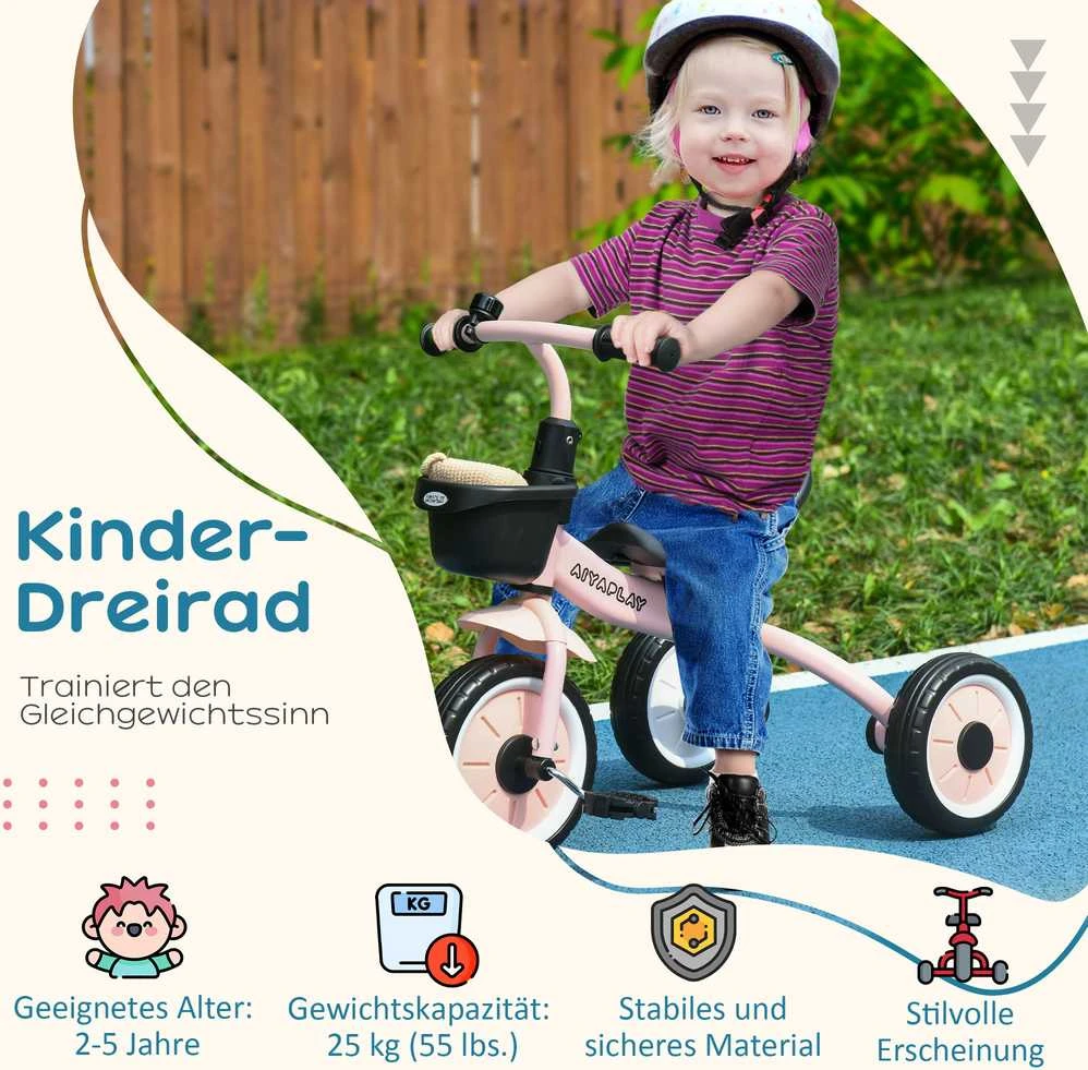 AIYAPLAY triratis, vaikiškas dviratukas su reguliuojama sėdyne, paspirtukas su krepšeliu, skambučiu, vaikiškas dviratis su pedalais, 2-5 metų vaikams, metalinis, rožinis