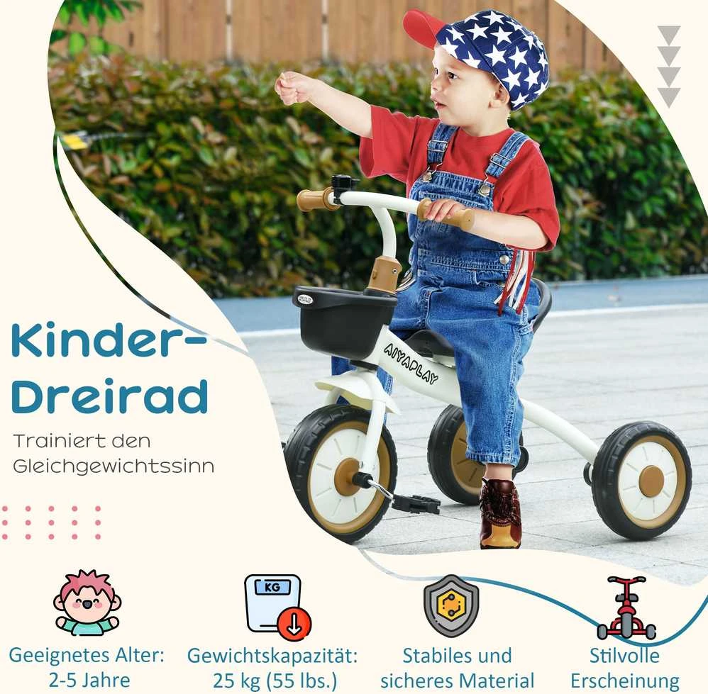 AIYAPLAY triratukas, vaikiškas dviratis su reguliuojama sėdyne, paspirtukas su krepšeliu, skambučiu, vaikiškas dviratis su pedalais, dviratukas vaikams nuo 2-5 metų
