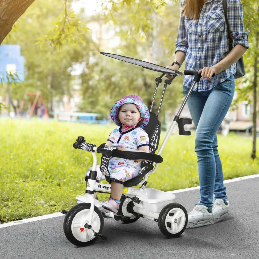 HOMCOM 6-in-1 triratukas su stūmimo rankena, nuimamu stogeliu, reguliuojamas, su puodelio laikikliu ir krepšeliu, 1-5 metams, baltas