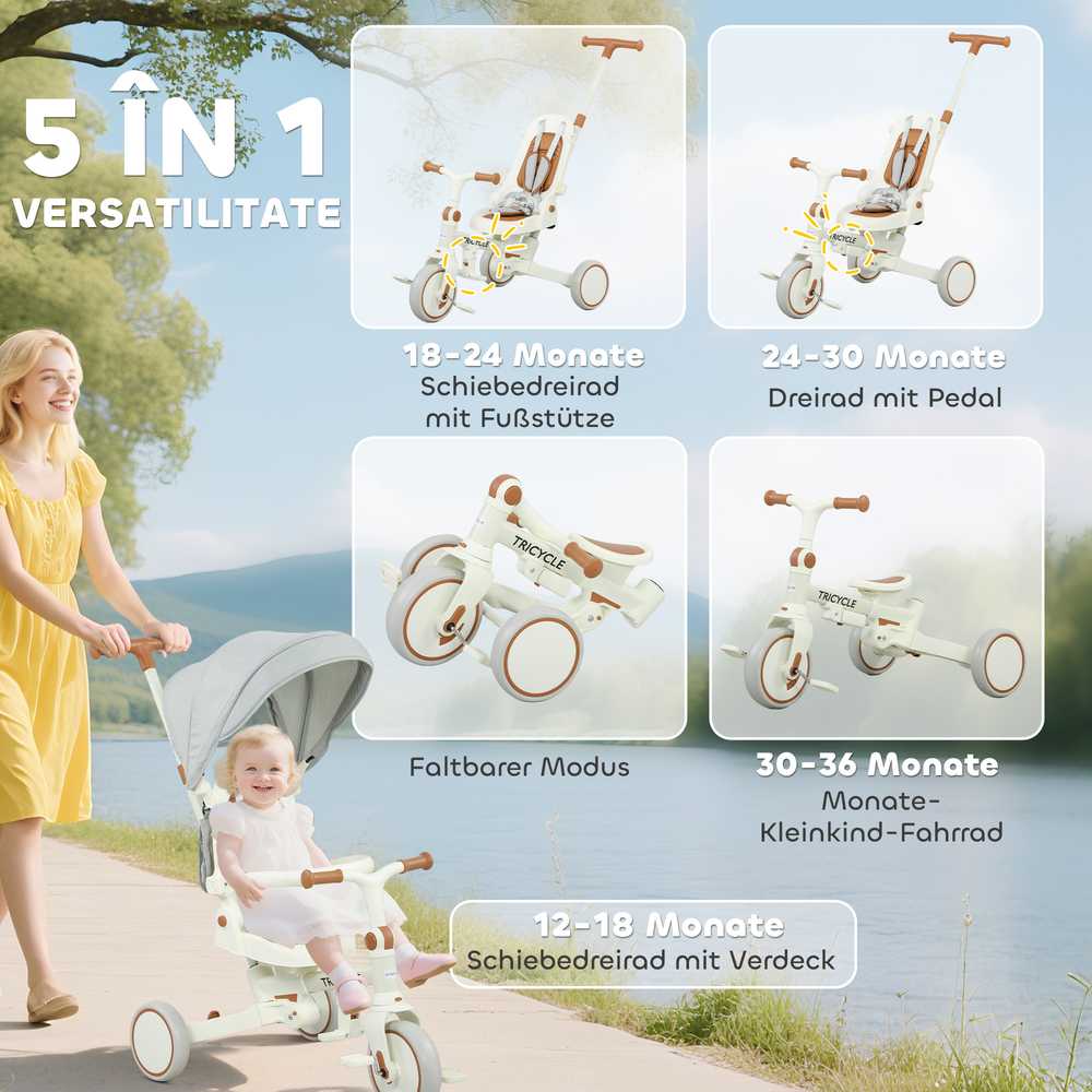 AIYAPLAY vaikams triratukas, transformuojamas kūdikio vežimėlis, 5-in-1 dizainas, nuimama stūmimo rankena, reguliuojamas, saugos diržas, laikymo krepšys, 1-3 metai, kreminės baltos spalvos