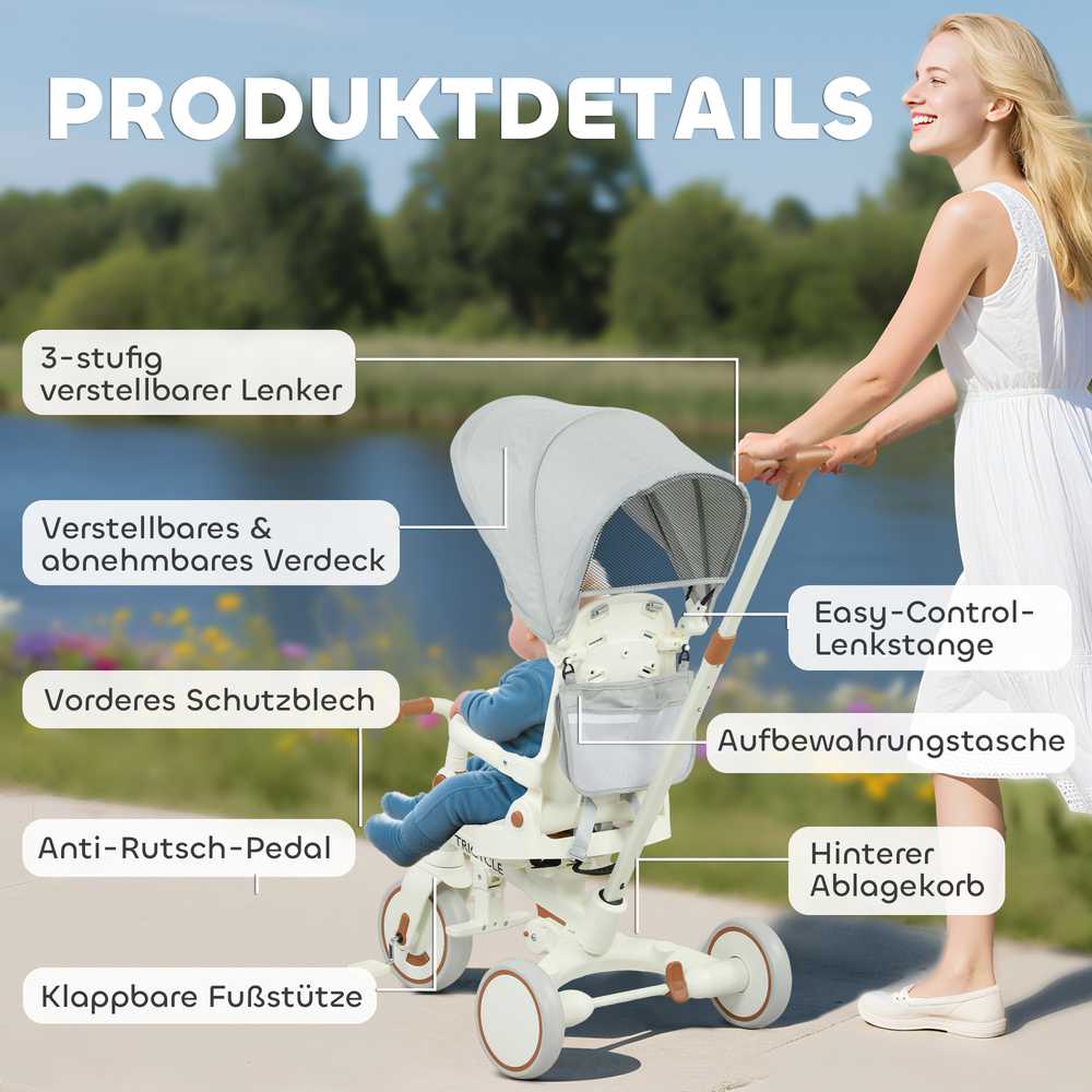 AIYAPLAY vaikams triratukas, transformuojamas kūdikio vežimėlis, 5-in-1 dizainas, nuimama stūmimo rankena, reguliuojamas, saugos diržas, laikymo krepšys, 1-3 metai, kreminės baltos spalvos