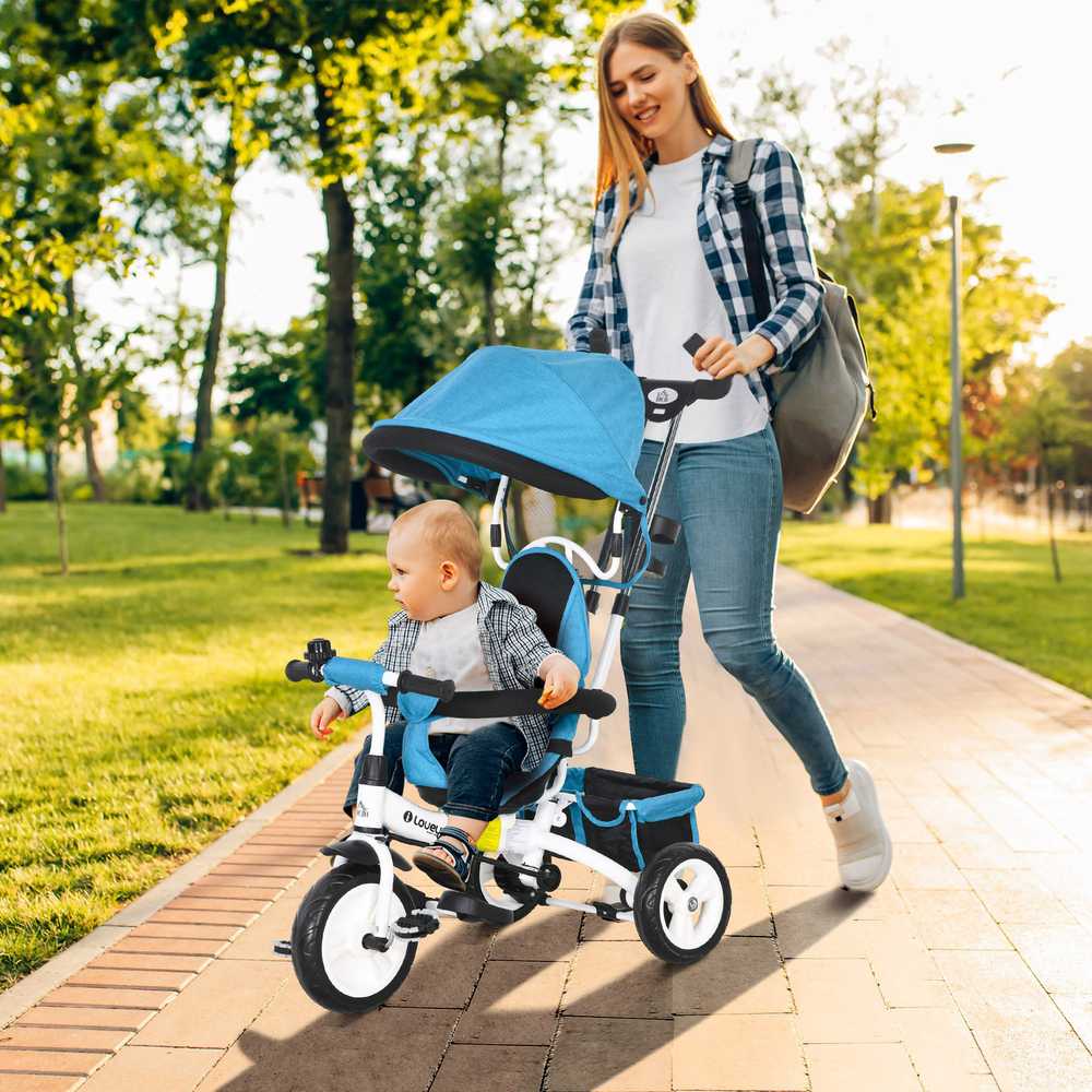 HOMCOM 6-in-1 triratukas su stūmimo rankena, vaikiškas triratukas su nuimamu stogeliu, dviratukas su 5 taškų saugos diržais, krepšeliu, gėrimų laikikliu, 1-5 metų vaikams, mėlynas