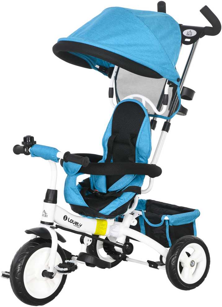 HOMCOM 6-in-1 triratukas su stūmimo rankena, vaikiškas triratukas su nuimamu stogeliu, dviratukas su 5 taškų saugos diržais, krepšeliu, gėrimų laikikliu, 1-5 metų vaikams, mėlynas