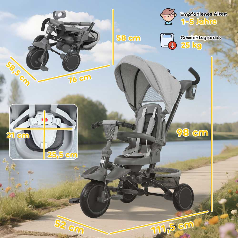 AIYAPLAY 6-in-1 triratis, universalus vežimėlis mažyliams, su stūmimo rankena, reguliuojama sėdyne, sulankstomas dizainas, saugos tinklas, pilkas