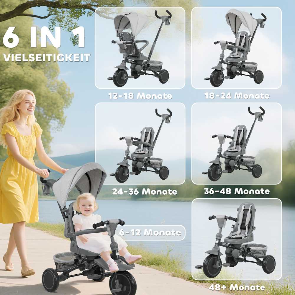 AIYAPLAY 6-in-1 triratis, universalus vežimėlis mažyliams, su stūmimo rankena, reguliuojama sėdyne, sulankstomas dizainas, saugos tinklas, pilkas