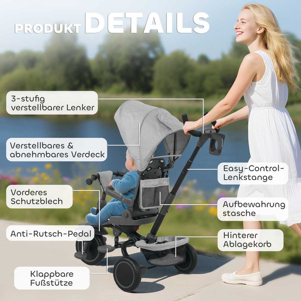 AIYAPLAY 6-in-1 triratis, universalus vežimėlis mažyliams, su stūmimo rankena, reguliuojama sėdyne, sulankstomas dizainas, saugos tinklas, pilkas