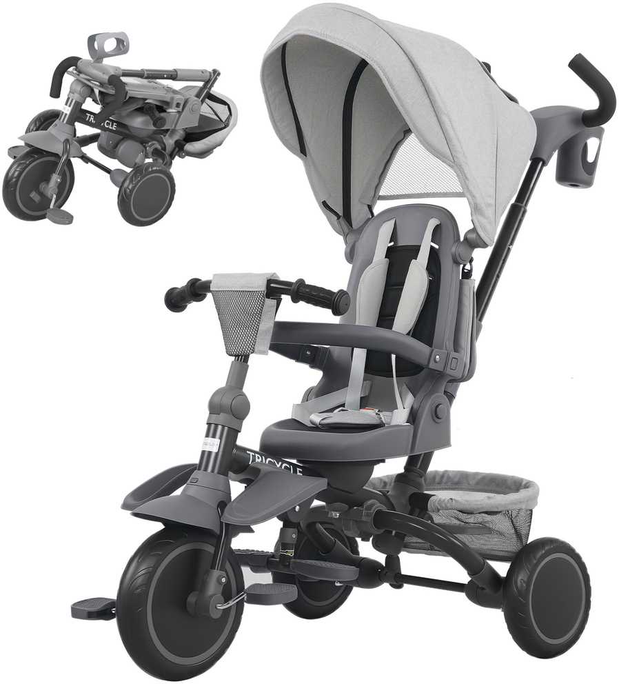 AIYAPLAY 6-in-1 triratis, universalus vežimėlis mažyliams, su stūmimo rankena, reguliuojama sėdyne, sulankstomas dizainas, saugos tinklas, pilkas