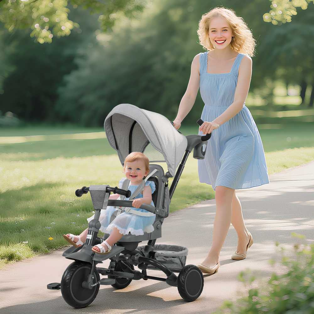 AIYAPLAY 6-in-1 triratis, universalus vežimėlis mažyliams, su stūmimo rankena, reguliuojama sėdyne, sulankstomas dizainas, saugos tinklas, pilkas