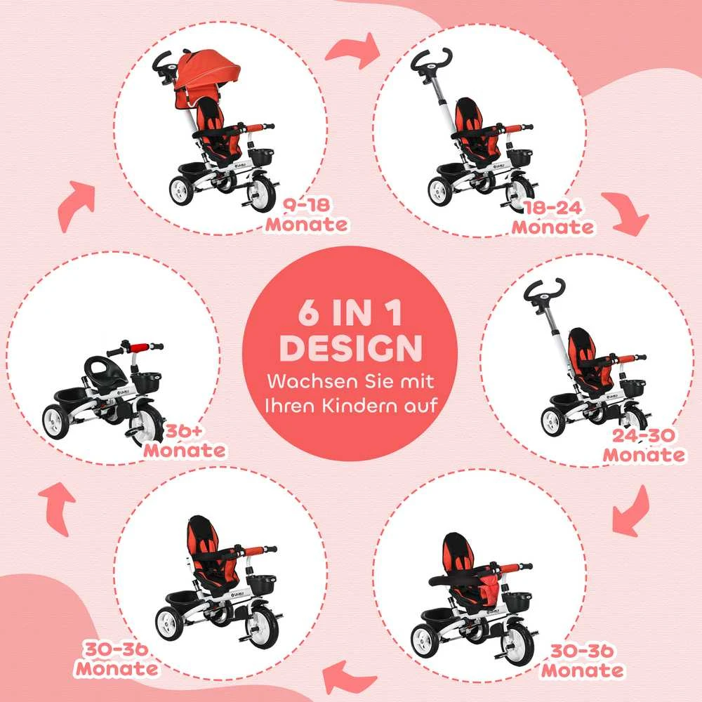 HOMCOM 6-in-1 triratukas su stūmimo rankena, vaikiškas triratukas su saugos diržu, sulankstomas, nuimamas stogelis nuo saulės, puodelio laikiklis, krepšelis, pedalai, iki 25 kg, 1-5 metų vaikams, raudonas