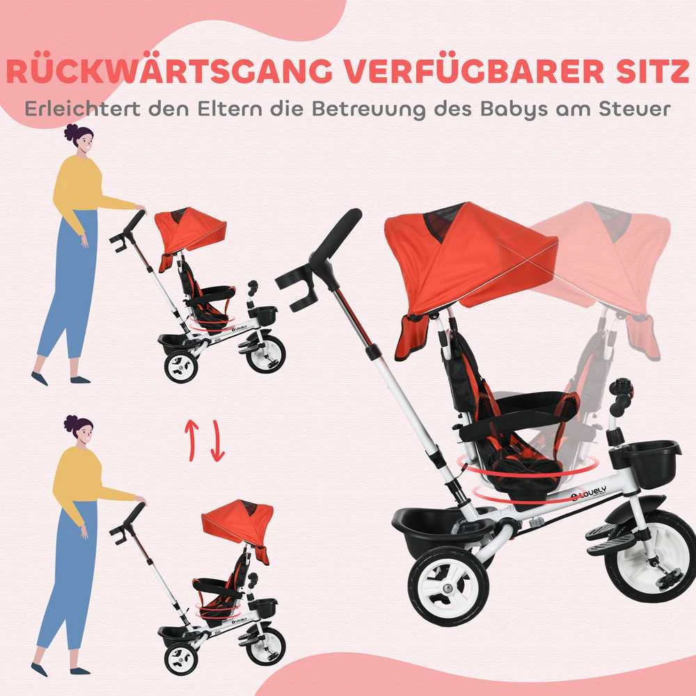 HOMCOM 6-in-1 triratukas su stūmimo rankena, vaikiškas triratukas su saugos diržu, sulankstomas, nuimamas stogelis nuo saulės, puodelio laikiklis, krepšelis, pedalai, iki 25 kg, 1-5 metų vaikams, raudonas
