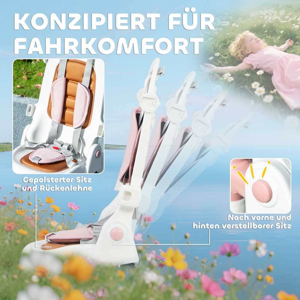 AIYAPLAY vaikiškas triratukas, transformuojamas vežimėlis, 5-in-1 dizainas, nuimama stūmimo rankena, reguliuojamas, saugos diržas, laikymo krepšys, 1-3 metai, rožinis