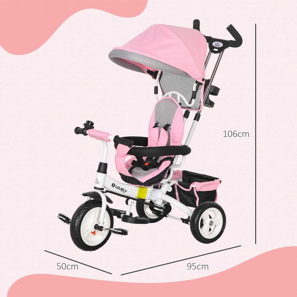 HOMCOM 6-in-1 triratukas su stūmimo rankena, vaikiškas triratukas su nuimamu stogeliu nuo saulės, balansinis dviratis su 5 taškų saugos diržu, krepšeliu, puodelių laikikliu, 1–5 metų vaikams, rožinis