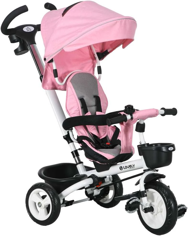 HOMCOM 2in1 triratukas su stūmimo rankena, vaikiškas triratukas, saugos diržas, sulankstomas, stogelis nuo saulės, puodelio laikiklis, krepšelis, pedalai, 1-5 metai, rožinis