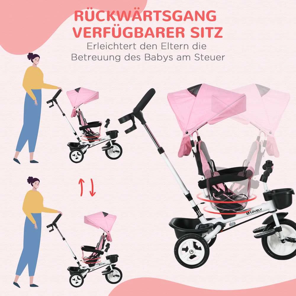 HOMCOM 2in1 triratukas su stūmimo rankena, vaikiškas triratukas, saugos diržas, sulankstomas, stogelis nuo saulės, puodelio laikiklis, krepšelis, pedalai, 1-5 metai, rožinis