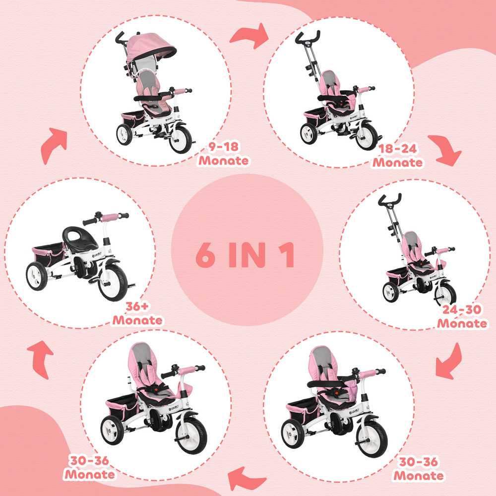 HOMCOM 6-in-1 triratukas su stūmimo rankena, vaikiškas triratukas su nuimamu stogeliu nuo saulės, balansinis dviratis su 5 taškų saugos diržu, krepšeliu, puodelių laikikliu, 1–5 metų vaikams, rožinis