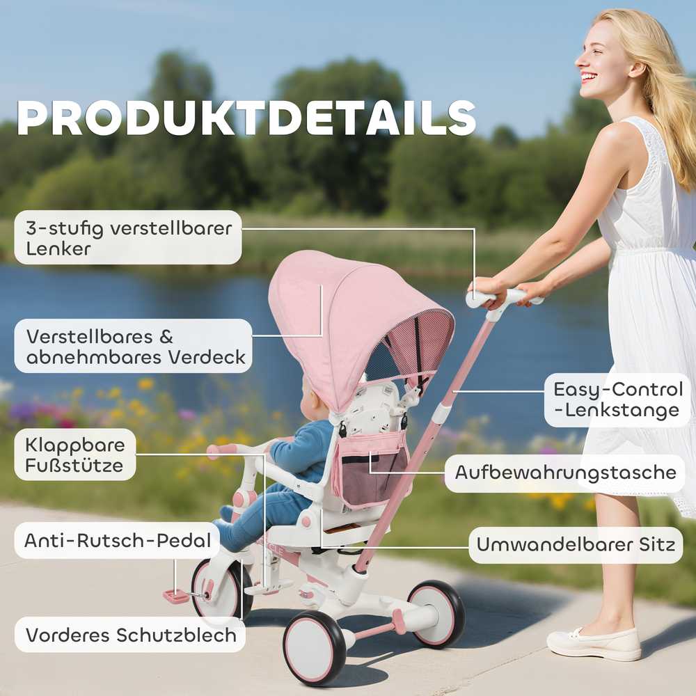 AIYAPLAY vaikiškas triratukas, transformuojamas vežimėlis, 5-in-1 dizainas, nuimama stūmimo rankena, reguliuojamas, saugos diržas, laikymo krepšys, 1-3 metai, rožinis