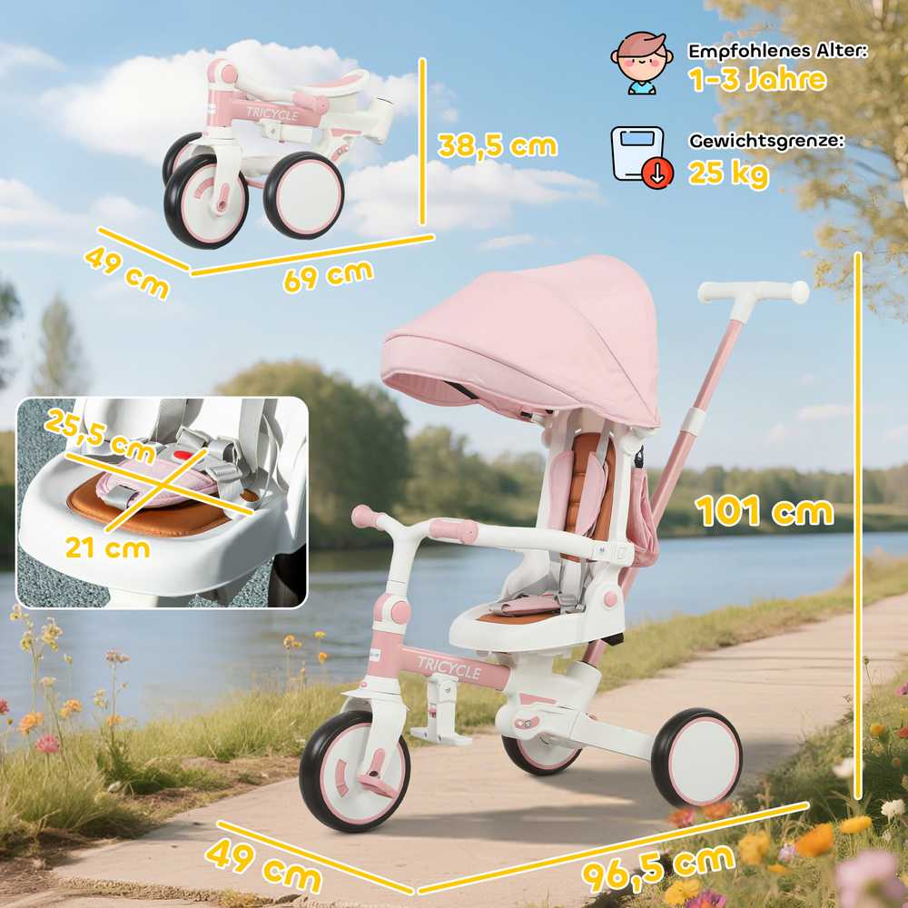 AIYAPLAY vaikiškas triratukas, transformuojamas vežimėlis, 5-in-1 dizainas, nuimama stūmimo rankena, reguliuojamas, saugos diržas, laikymo krepšys, 1-3 metai, rožinis