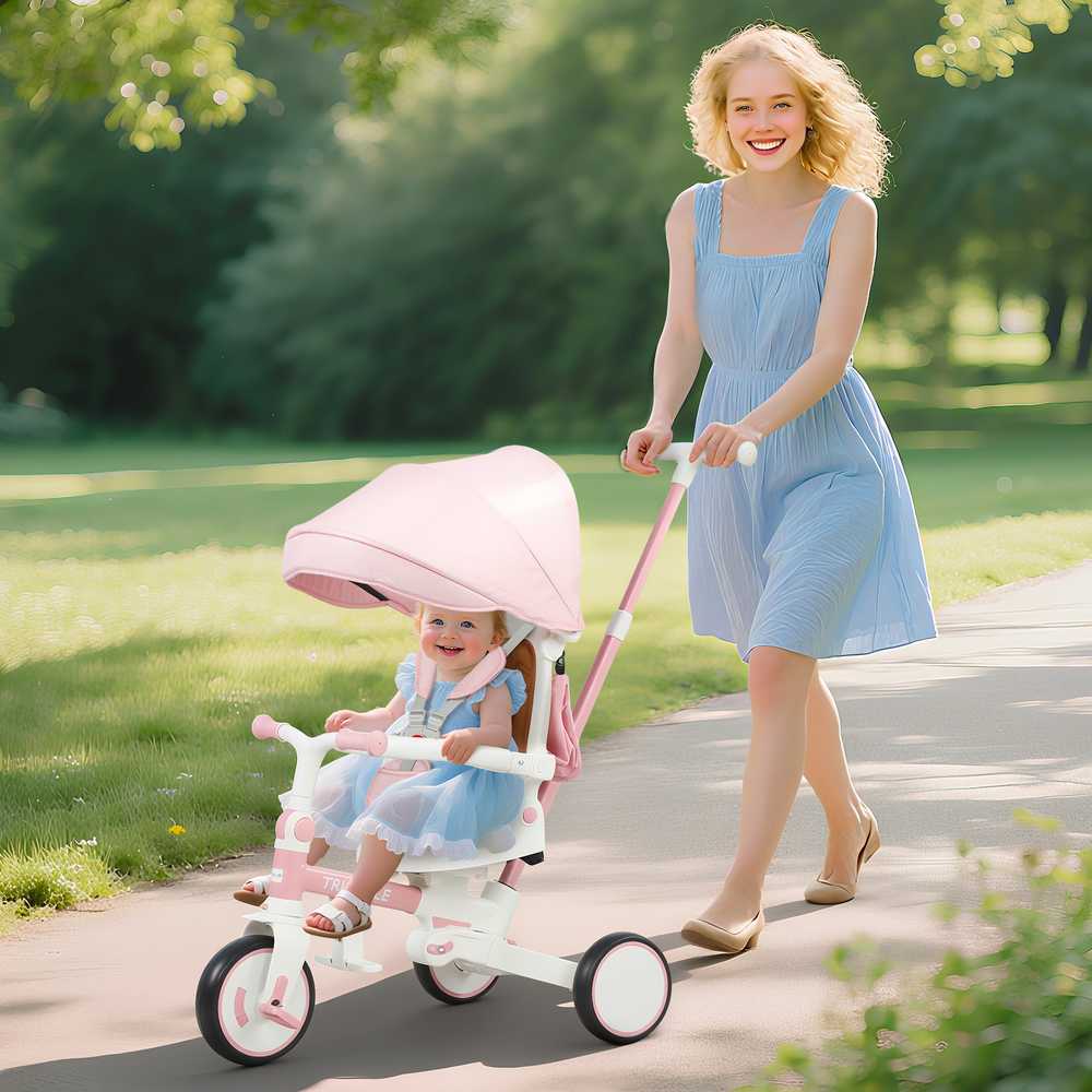 AIYAPLAY vaikiškas triratukas, transformuojamas vežimėlis, 5-in-1 dizainas, nuimama stūmimo rankena, reguliuojamas, saugos diržas, laikymo krepšys, 1-3 metai, rožinis