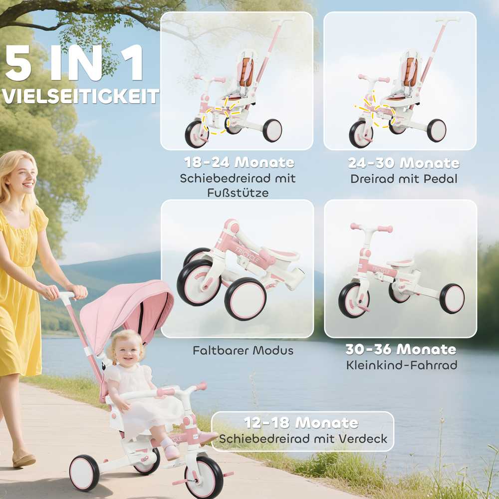 AIYAPLAY vaikiškas triratukas, transformuojamas vežimėlis, 5-in-1 dizainas, nuimama stūmimo rankena, reguliuojamas, saugos diržas, laikymo krepšys, 1-3 metai, rožinis