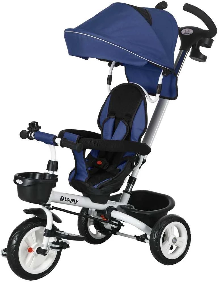 HOMCOM 2-in-1 triratukas su stūmimo rankena, saugos diržu, sulankstomas, su stogeliu nuo saulės, puodelio laikikliu, krepšeliu, pedalais, 1–5 metams, mėlynas