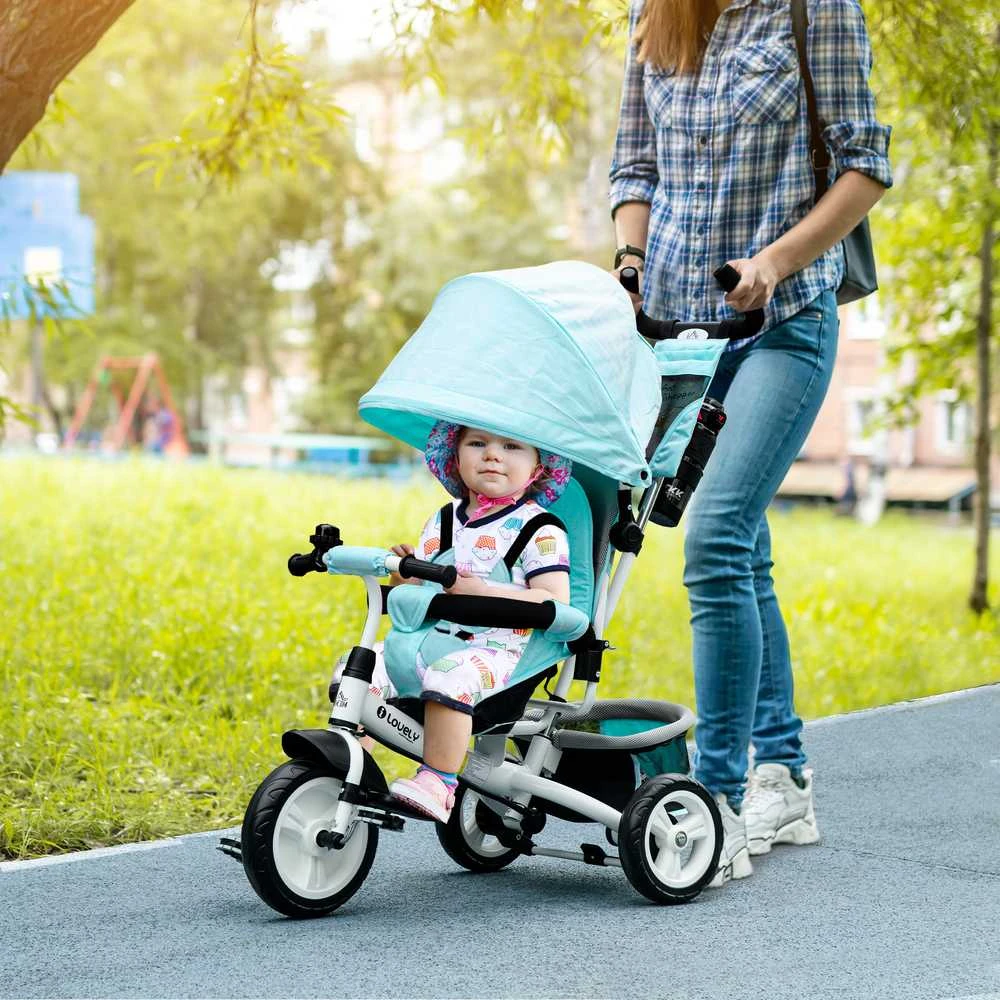 HOMCOM 6-in-1 triratukas su stūmimo rankena, vaikiškas triratukas su nuimamu stogeliu, pagalvėle, balansinis dviratis su 5 taškų saugos diržais, krepšeliu, puodelio laikikliu, 1–5 metų vaikams, žalias