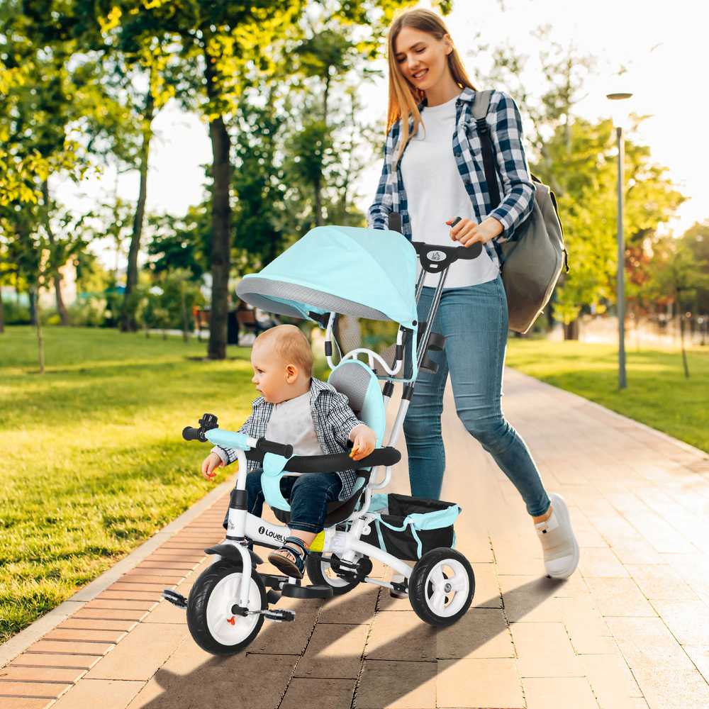 HOMCOM 6-in-1 triratukas su stumiamąja rankena, vaikų triratukas su nuimamu stogeliu nuo saulės, su 5 taškų saugos diržais, krepšiu, gėrimų laikikliu, skirtas 1-5 metų vaikams, žalias