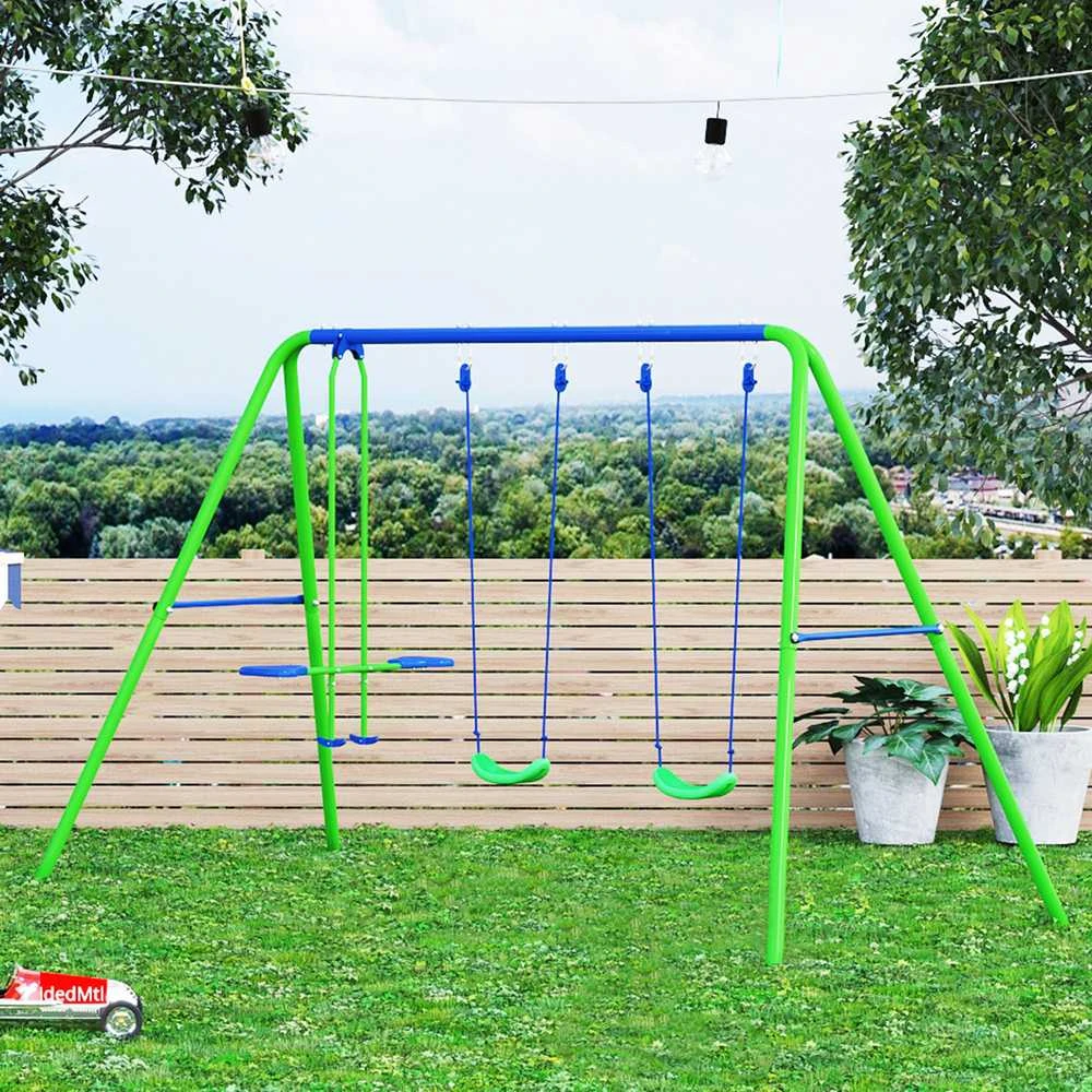 „Outsunny“ sūpynės, 3 vietų sūpynių komplektas su 2 sūpynėmis ir sėdyne „veidu į veidą“, 2,8x1,4x1,78 m, epoksidinis metalas, atsparios korozijai, PE, žalios ir mėlynos spalvos