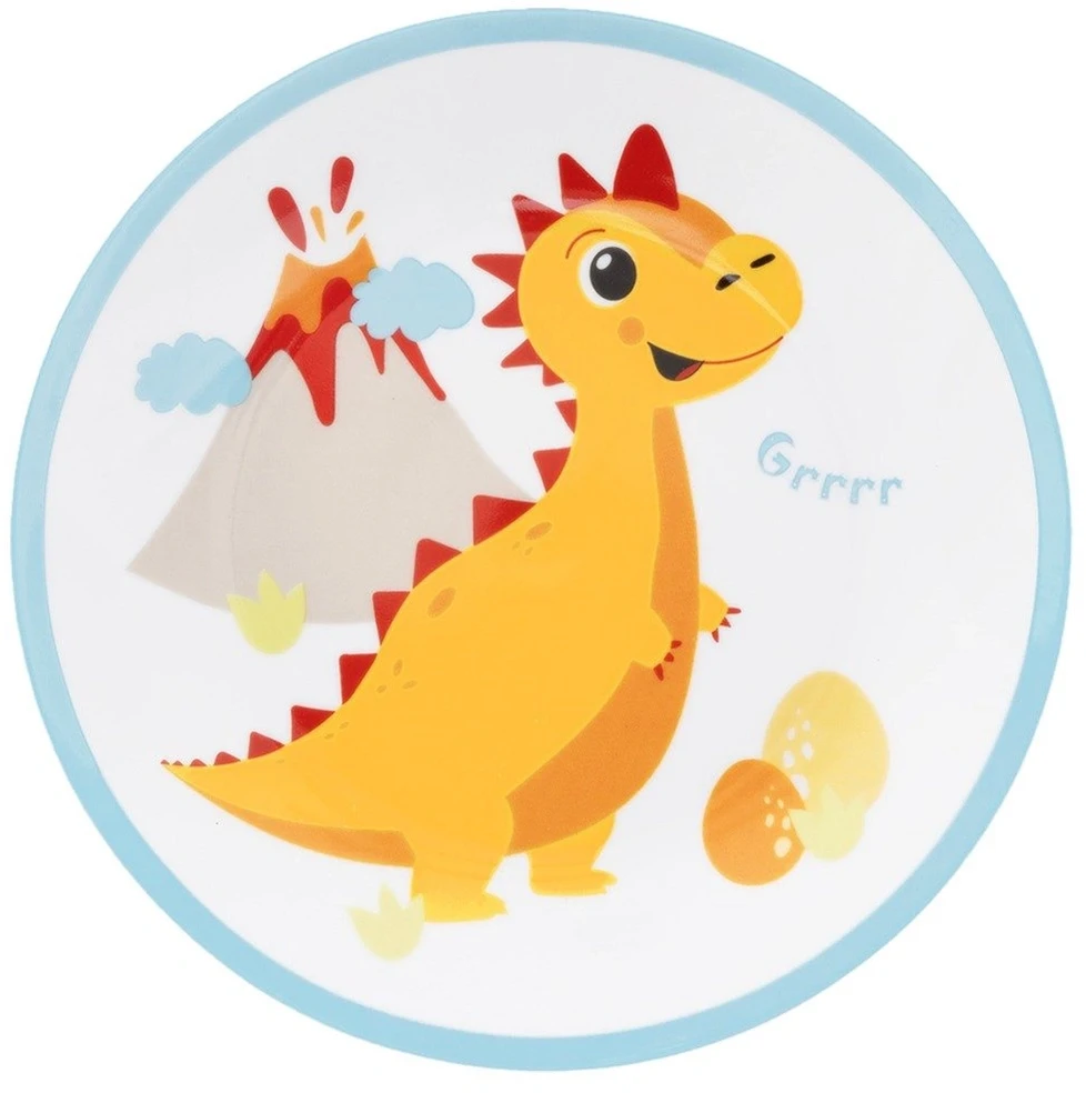 Vaikiškų indų rinkinys, porcelianinis, su dinozaurų motyvu, įvairiaspalvis, 3 vnt.