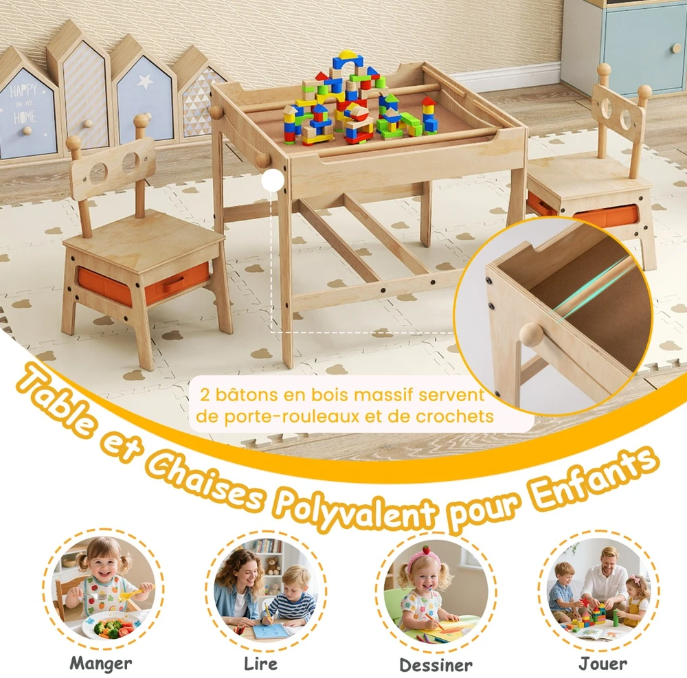 Vaikų stalas ir kėdės 60 x 60 x 49 cm 1 stalas, 2 kėdės, 2 dėžės