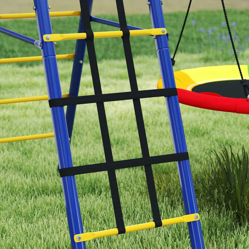 AIYAPLAY 6-in-1 vaikiškų sūpynių rinkinys, plieno rėmas su diržinėmis sūpynėmis, lizdo tipo sūpynėmis, skriemulinėmis sūpynėmis, laipiojimo tinklu, laipiojimo kopėčiomis ir krepšinio lanku, 3-8 metų vaikams