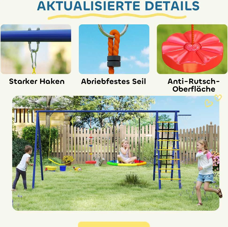 AIYAPLAY 6-in-1 vaikiškų sūpynių rinkinys, plieno rėmas su diržinėmis sūpynėmis, lizdo tipo sūpynėmis, skriemulinėmis sūpynėmis, laipiojimo tinklu, laipiojimo kopėčiomis ir krepšinio lanku, 3-8 metų vaikams