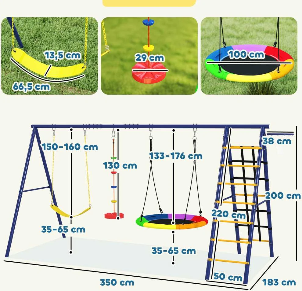 AIYAPLAY 6-in-1 vaikiškų sūpynių rinkinys, plieno rėmas su diržinėmis sūpynėmis, lizdo tipo sūpynėmis, skriemulinėmis sūpynėmis, laipiojimo tinklu, laipiojimo kopėčiomis ir krepšinio lanku, 3-8 metų vaikams