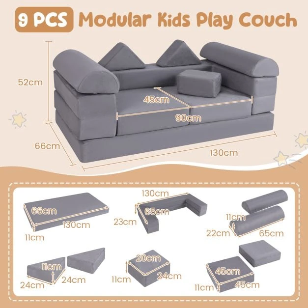 Vaikų žaidimų sofa Pilka 9 vnt.