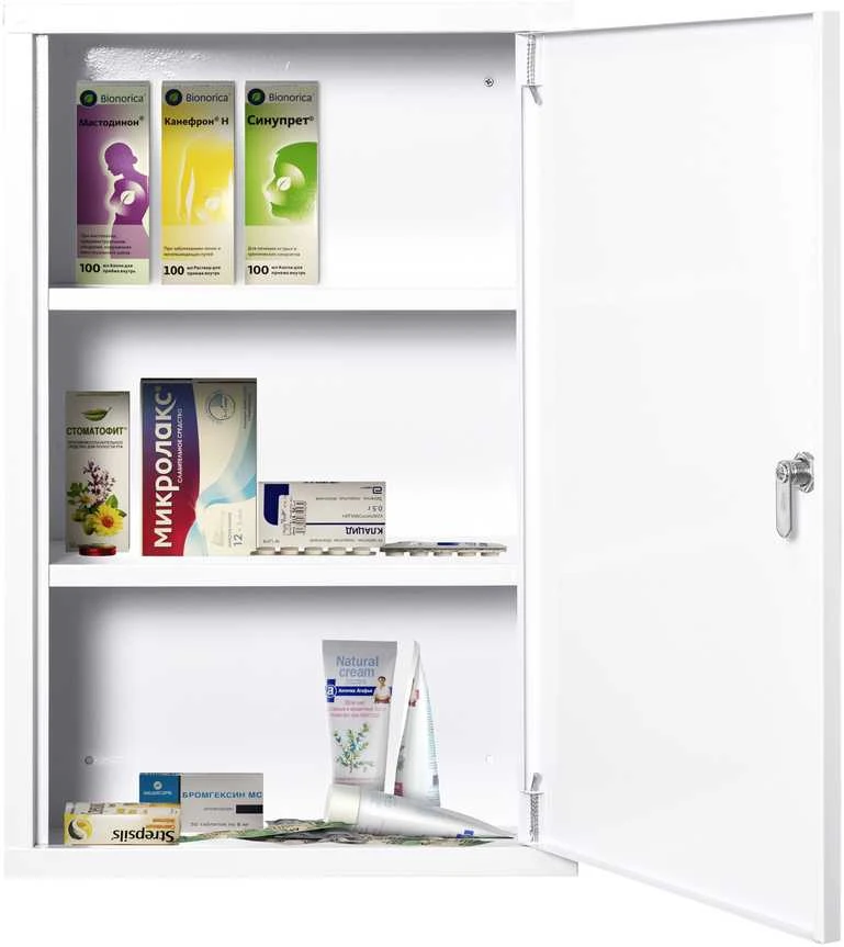 kleankin pirmosios pagalbos vaistinėlė, medicininė spintelė, 3 skyriai, rakinama, plieninė, balta, 40x18x60 cm