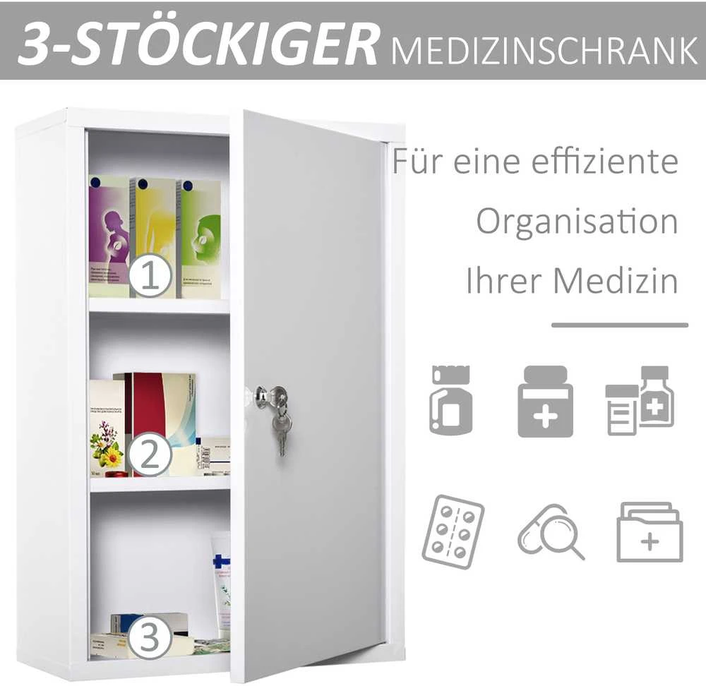 kleankin pirmosios pagalbos vaistinėlė, medicininė spintelė, 3 skyriai, rakinama, plieninė, balta, 40x18x60 cm