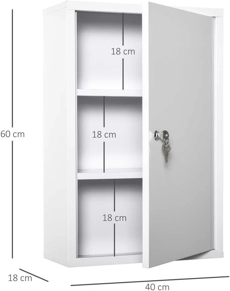 kleankin pirmosios pagalbos vaistinėlė, medicininė spintelė, 3 skyriai, rakinama, plieninė, balta, 40x18x60 cm