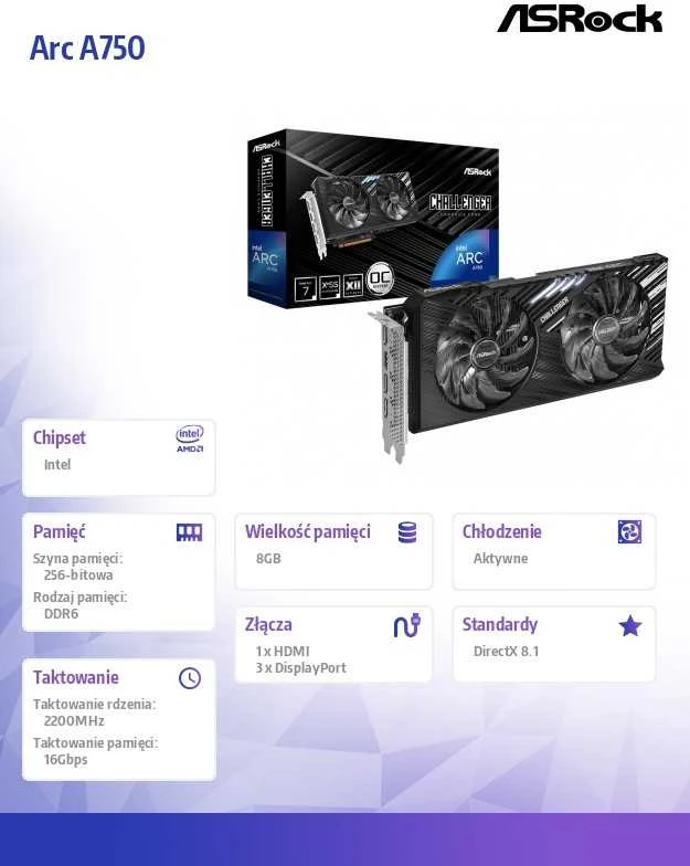 Vaizdo plokštė Grafikos kortelė - ASRock - A750 CHALLENGER SE - 8GB - GDDR6 - Tylaus aušinimo
