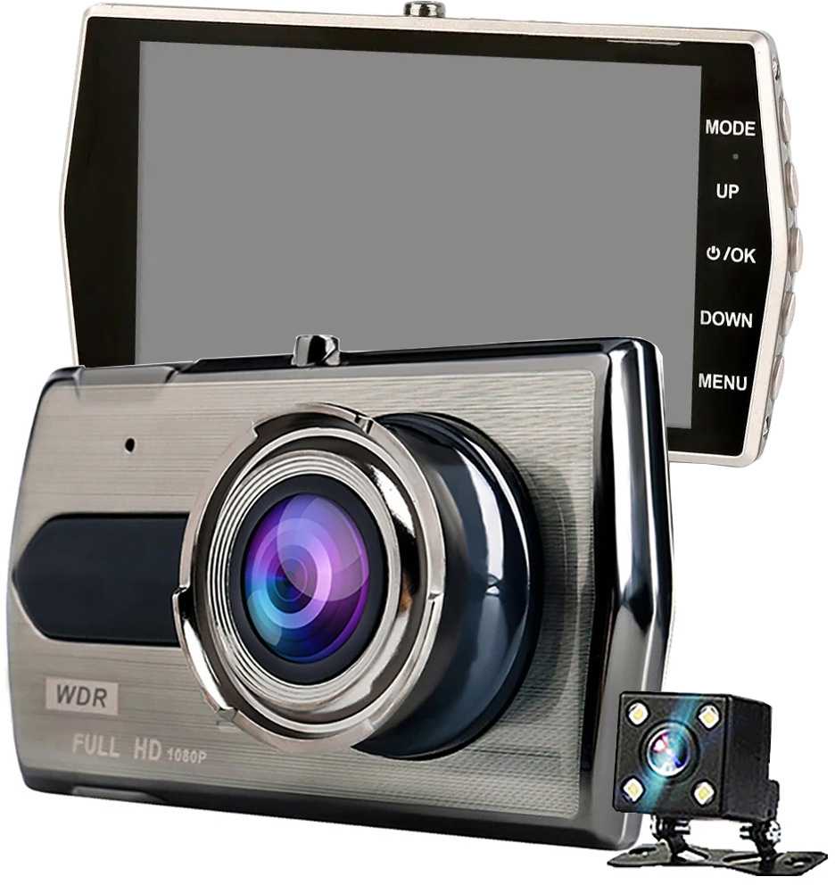 Vaizdo registratorius su LCD ekranu ir galinio vaizdo kamera