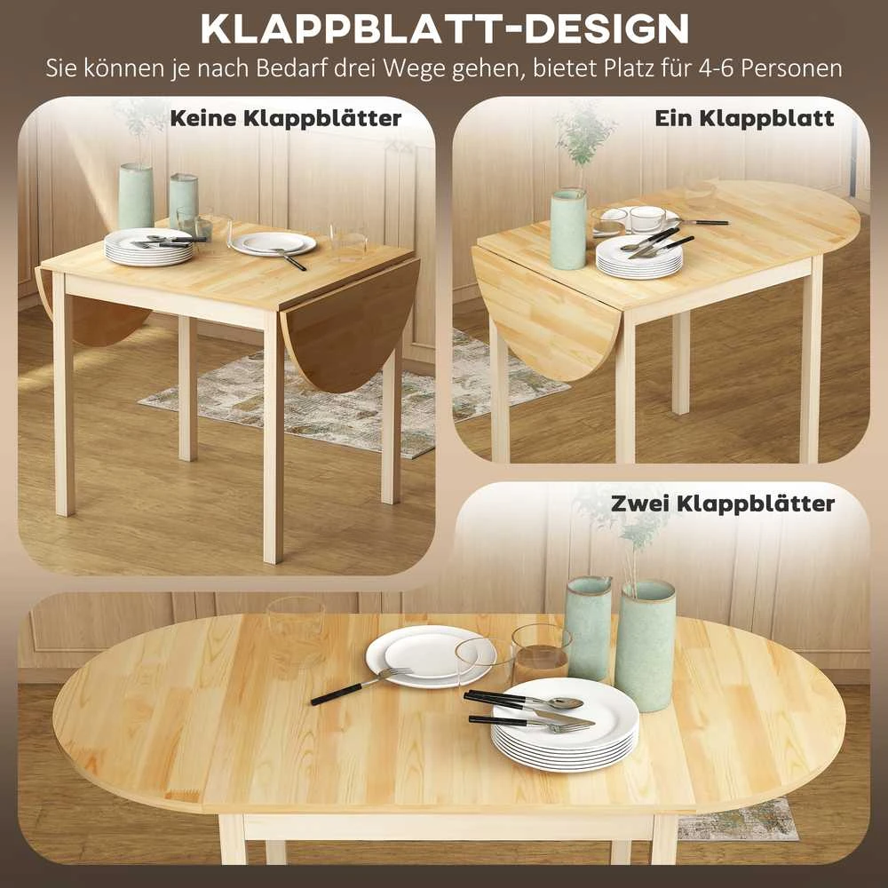 HOMCOM medinis sulankstomas valgomojo stalas, 6 vietų virtuvinis stalas su nuleidžiamais kraštais, kompaktiškas stalas mažoms erdvėms, valgomajam, virtuvei, 140 x 70 x 75 cm, natūralaus medžio spalvos
