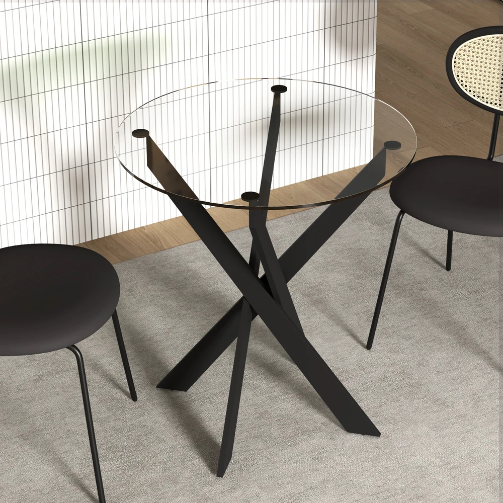 HOMCOM valgomojo stalas, apvalus virtuvės stalas 4 asmenims, pietų stalas su plieninėmis kojomis, grūdinto stiklo stalviršis, skirtas valgomajam, virtuvei, Ø70 x 75 cm, modernus dizainas, juodas+skaidrus