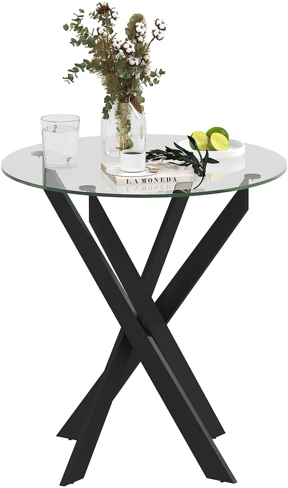HOMCOM valgomojo stalas, apvalus virtuvės stalas 4 asmenims, pietų stalas su plieninėmis kojomis, grūdinto stiklo stalviršis, skirtas valgomajam, virtuvei, Ø70 x 75 cm, modernus dizainas, juodas+skaidrus