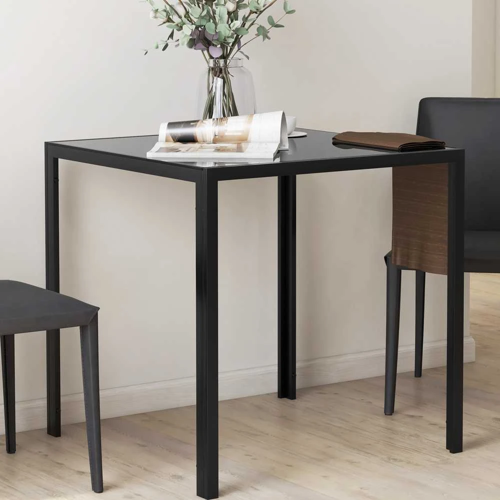HOMCOM valgomasis stalas, kvadratinis virtuvinis stalas 4 asmenims, grūdinto stiklo stalas, išlaikantis iki 80 kg, virtuvei, valgomajam, 75 x 75 x 75 cm, juodas