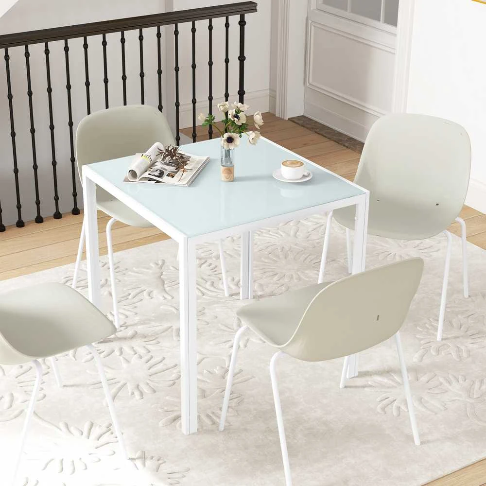 HOMCOM valgomojo stalas, kvadratinis virtuvinis stalas 4 asmenims, iš grūdinto stiklo, keliamoji galia iki 80 kg, virtuvei, valgomajam, 75 x 75 x 75 cm, baltas