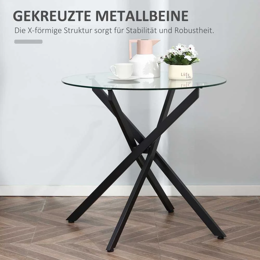 HOMCOM kavos staliukas, apvalus stiklinis stalas, juodas, šoninis staliukas su grūdintu stiklu ir metaliniu rėmu, 80x80x75 cm