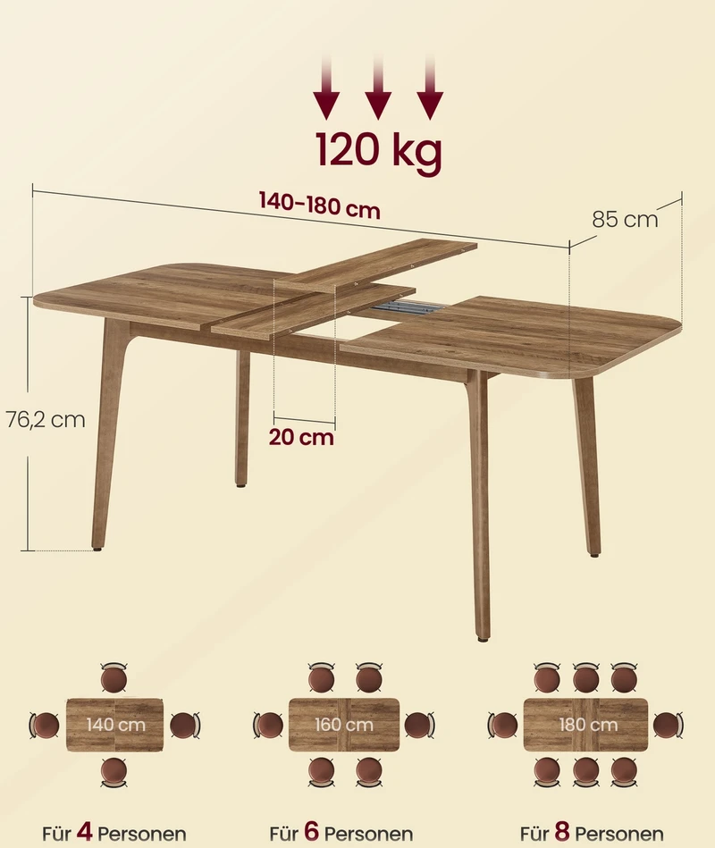 Songmics VASAGLE valgomojo stalas, išsiskleidžiantis stalviršis, 120 kg apkrova, skirtas valgomajam, biurui ar darbo vietai, minimalistinis dizainas, medaus rudos spalvos